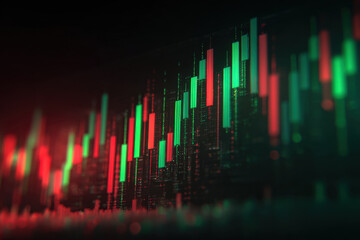 Green and red candlestick chart rising with digital grid and glowing data bars, financial trading trend showing upward momentum and market volatility in neon color palette