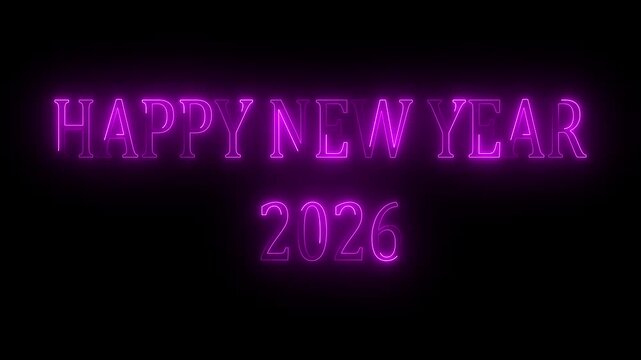 New year 2026 text icon animation glowing neon red color number anniversary template banner sign signboard holiday code digit rectangle box font letter word on black background