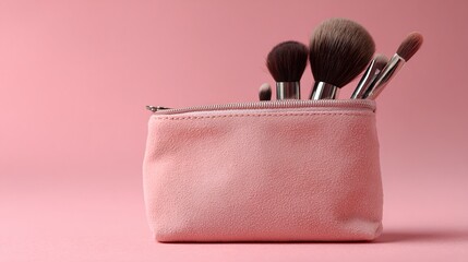 bronzer. Cosmetic bag closeup against soft pink backdrop with even illumination, lifestyle magazines, social media lookbooks, designed for influencer and brand collaborations.