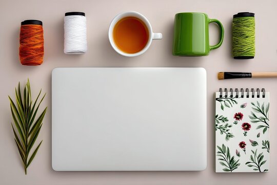 Overhead view of a workspace with a laptop, tea, a green mug, spools of thread, a paintbrush, a notepad with floral designs, and a plant leaf, all arranged on a