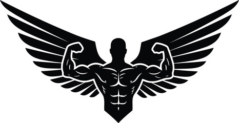Black silhouette of muscular man with wings flexing biceps bodybuilding fitness