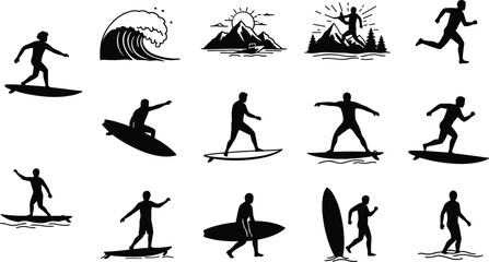 Black silhouette surfers riding waves and running on surfboards with mountains and sun surfing ocean