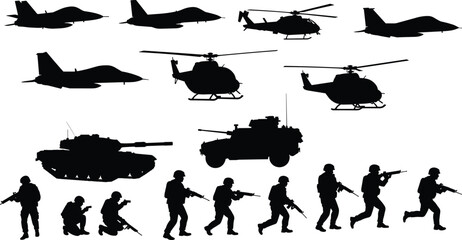 Black Silhouettes of Military Aircraft Tanks and Soldiers in Action fighter jet