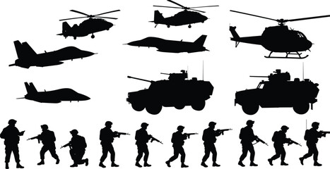 Black silhouettes of military helicopters fighter jets armored vehicles and soldiers vector