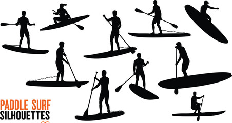 Black silhouettes of people paddleboarding and kayaking on white background stand up paddleboarding