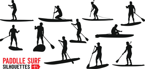 Black silhouettes of people paddleboarding in various poses on white background stand up paddleboarding