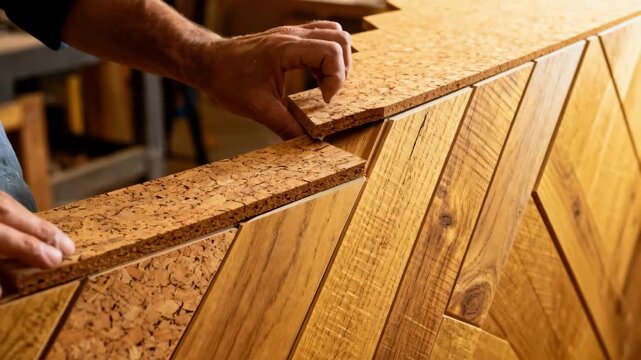 Craftsman carefully placing beveled edge cork planks highlighting the textured finish and natural warmth of the material.