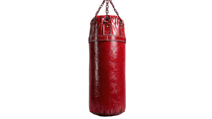 Red punching bag hanging, symbolizing boxing training, fitness workout, strength, and combat sports