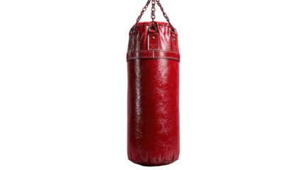 Red punching bag hanging, symbolizing boxing training, fitness workout, strength, and combat sports