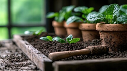 Close-up of young plants growing in terracotta pots and soil, with a small gardening tool, indoors. The scene is bathed in natural light, suggesting a tranquil
