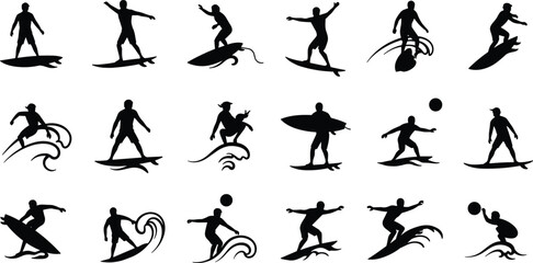 Collection of black silhouette surfers riding waves and standing on surfboards surfing ocean