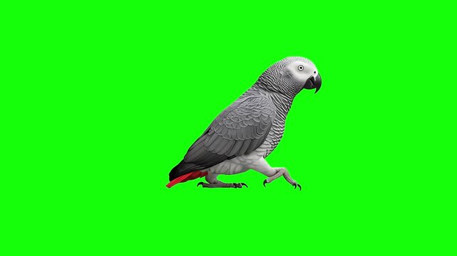 3d realistic African grey parrot walking loop animation in Side view on Green Screen, 4k high resolution of a Psittacus erithacus or Congo grey parrot walk on chroma key, can change the background. 