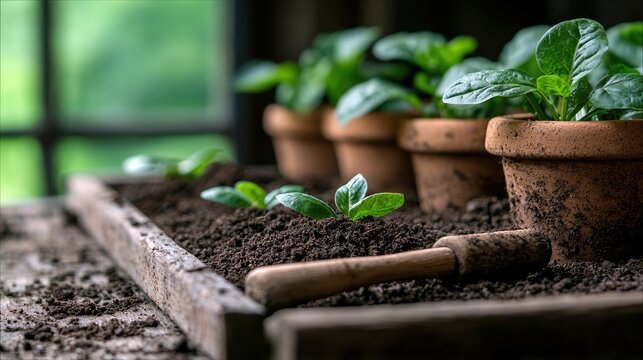 Close-up of young plants growing in terracotta pots and soil, with a small gardening tool, indoors. The scene is bathed in natural light, suggesting a tranquil