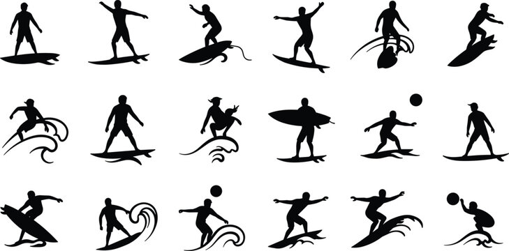 Collection of black silhouette surfers riding waves and standing on surfboards surfing ocean