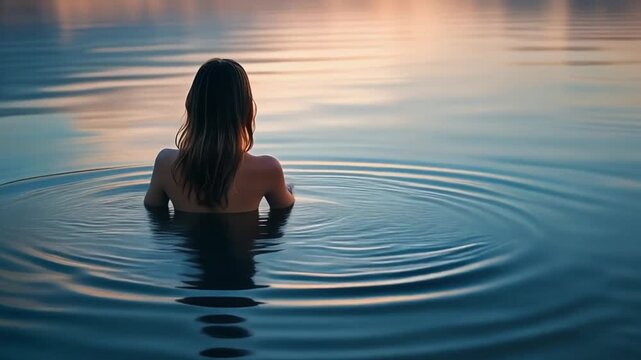Back view of a serene woman immersed in calm lake water at twilight, creating gentle ripples of tranquility and peace in the colorful reflection
