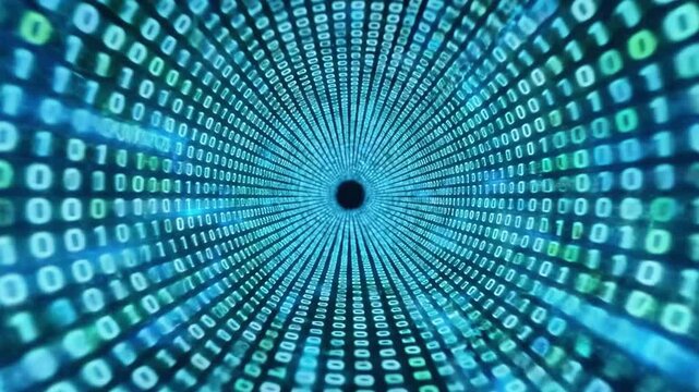 A digital tunnel of binary code, composed of ones and zeros, fades toward a black hole