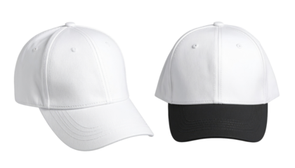 Two blank baseball caps; one white and one two-tone white and dark grey, against a transparent background