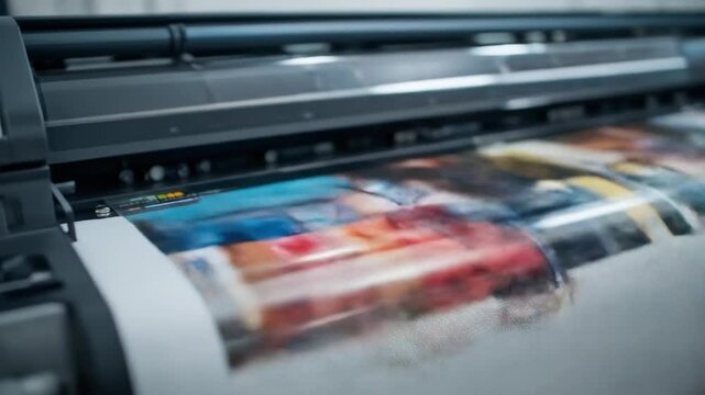 A large format digital printer in action, printing color graphics onto a roll of vinyl. 4k video