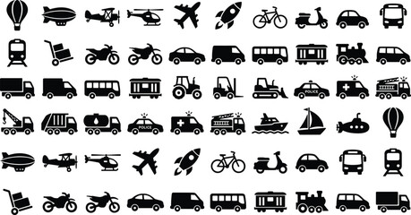 Large collection of transportation icons featuring vehicles, aircraft, ships, trains, bikes, emergency cars, delivery trucks, silhouette travel symbols, vector set