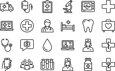 Medical healthcare outline icon set featuring doctor tools, emergency symbols, treatment equipment, diagnostic elements, and hospital services for modern digital use