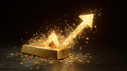 Golden bar with rising arrow of gold particles symbolizing exploding price and financial growth, glittering metal texture and dynamic glowing upward chart effect