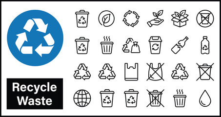Recycle waste icon set featuring eco symbols, trash bins, sustainability signs, plastic ban graphics, environmental conservation, reusable and biodegradable waste illustrations