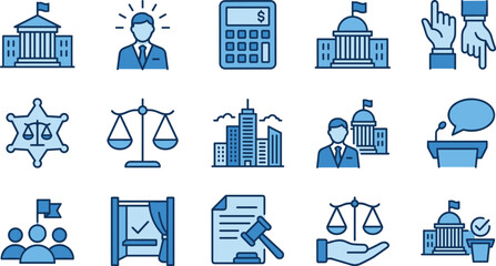 Political and government icons collection illustrating law, justice, voting, public administration, legal system, policymaking, leadership and official civic services