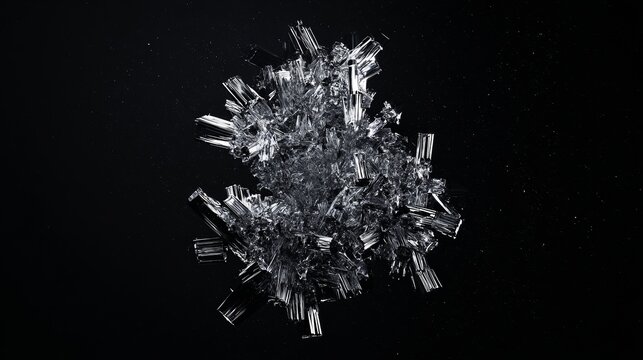 Floating crystallized metal form in weightless space with reflective chrome surfaces, symmetrical 3D structure, photorealistic rendering, intricate crystal details on black background.