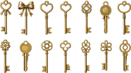 Collection of ornate antique gold keys with decorative tops vintage