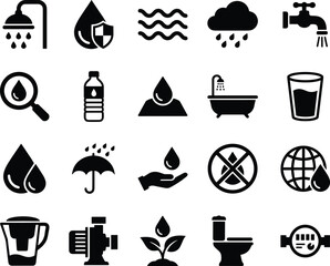 Water usage and conservation icon set showing clean water, rain, filtration, hygiene, plumbing, sustainability, protection, drinking water and eco-friendly resources