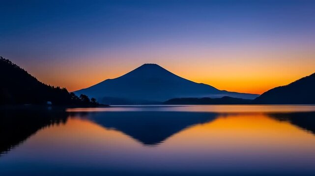 Serene mountain landscape reflecting in still water during vibrant sunset