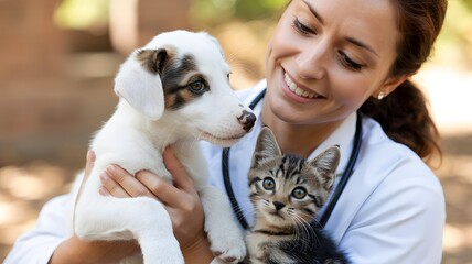 Smiling veterinarian holding a cute puppy and kitten in her arms at clinic