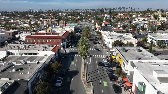 Belmont Shore in Long Beach, California, USA - Aerial View of 2nd St and Ocean Blvd With People Shopping and Stores on a Sunny Day Looking Towards Downtown Long Beach, CA