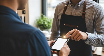 Male barista in apron assisting customer with smartphone in a cozy cafe setting, showcasing modern technology and customer service interaction with warm ambiance