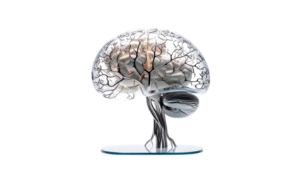 A transparent, anatomical brain model with illuminated sections, showcased against a stark black background
