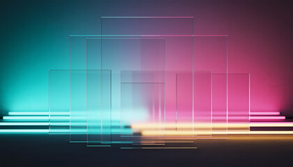 Transparent glass frames with neon gradient light effects on dark background