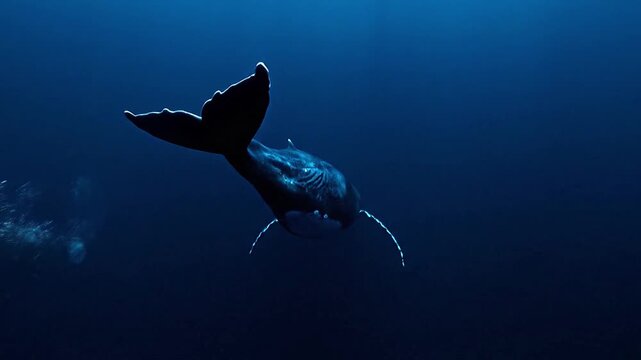 Enormous blue whale sea animal diving into endless oceanic void