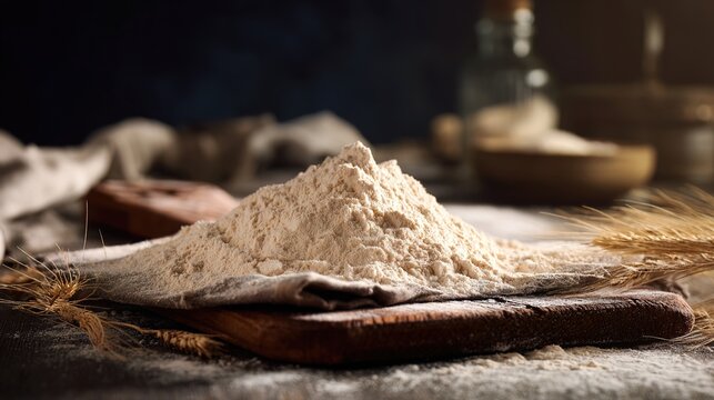 emmer. Coarsely ground emmer flour on a rustic wooden board, textured surface. menu design, packaging mockups, designed for food delivery and cloud-kitchen brand materials.