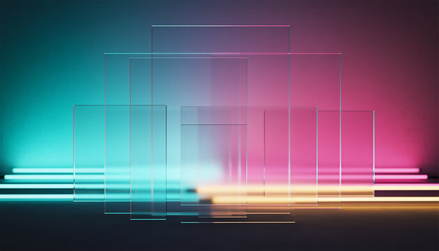 Transparent glass frames with neon gradient light effects on dark background