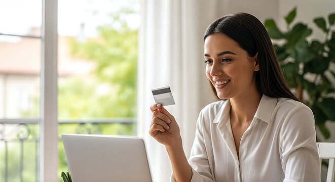 Smiling woman with long dark hair holding a credit card while sitting at a desk with a laptop, surrounded by greenery, showcasing online shopping and digital payment concepts