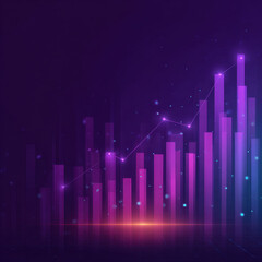 Fototapeta premium Neon purple bar chart with rising line graph and glowing data points on futuristic dark background conveying dynamic financial growth and upbeat energy