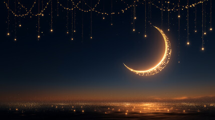 Naklejka premium Glowing crescent moon above water surface under string lights at twilight