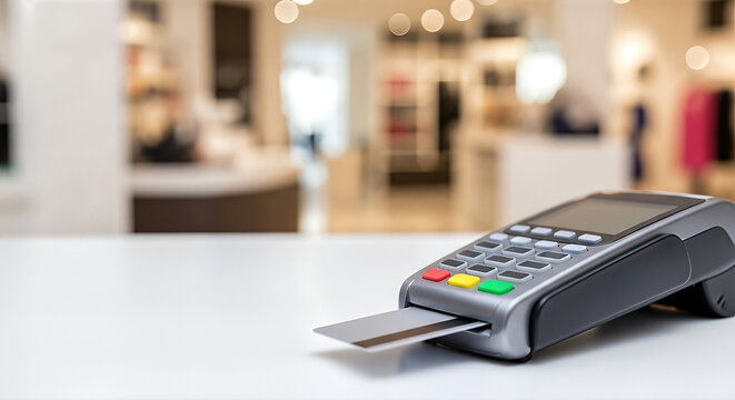 Payment terminal with card inserted on a counter in a retail store, showcasing modern technology and customer transaction experience in a vibrant shopping environment