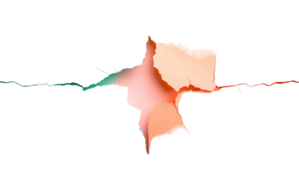 Abstract digital art coral, salmon, teal hues form an unusual shape, bisected horizontally, against a stark black backdrop