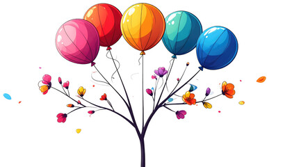 Obraz premium Cartoon-styled tree with five colorful balloons and scattered petals on a black background