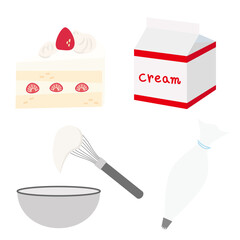 スイーツ作りに使える製菓道具とショートケーキのイラスト素材セット