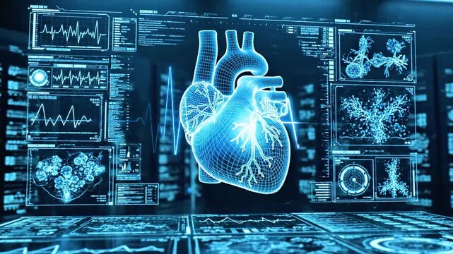 Futuristic heart model in a digital interface, displaying data and graphs in blue hues