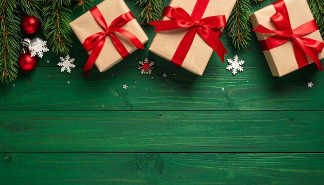 Decorative Christmas background with gifts tied with red ribbon amongst fresh pine branches with scattered snowflake ornaments on a green wooden table with copyspace for your greeting