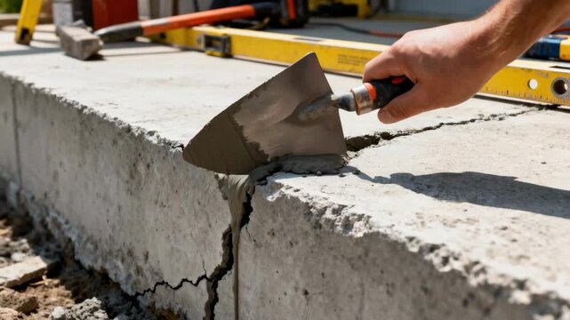 Medium shot showing the application of hydraulic cement to a cracked concrete foundation demonstrating quicksetting repair for structural stability.
