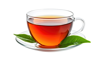 Glass cup with dark liquid, on a saucer with green leaves, against a black background